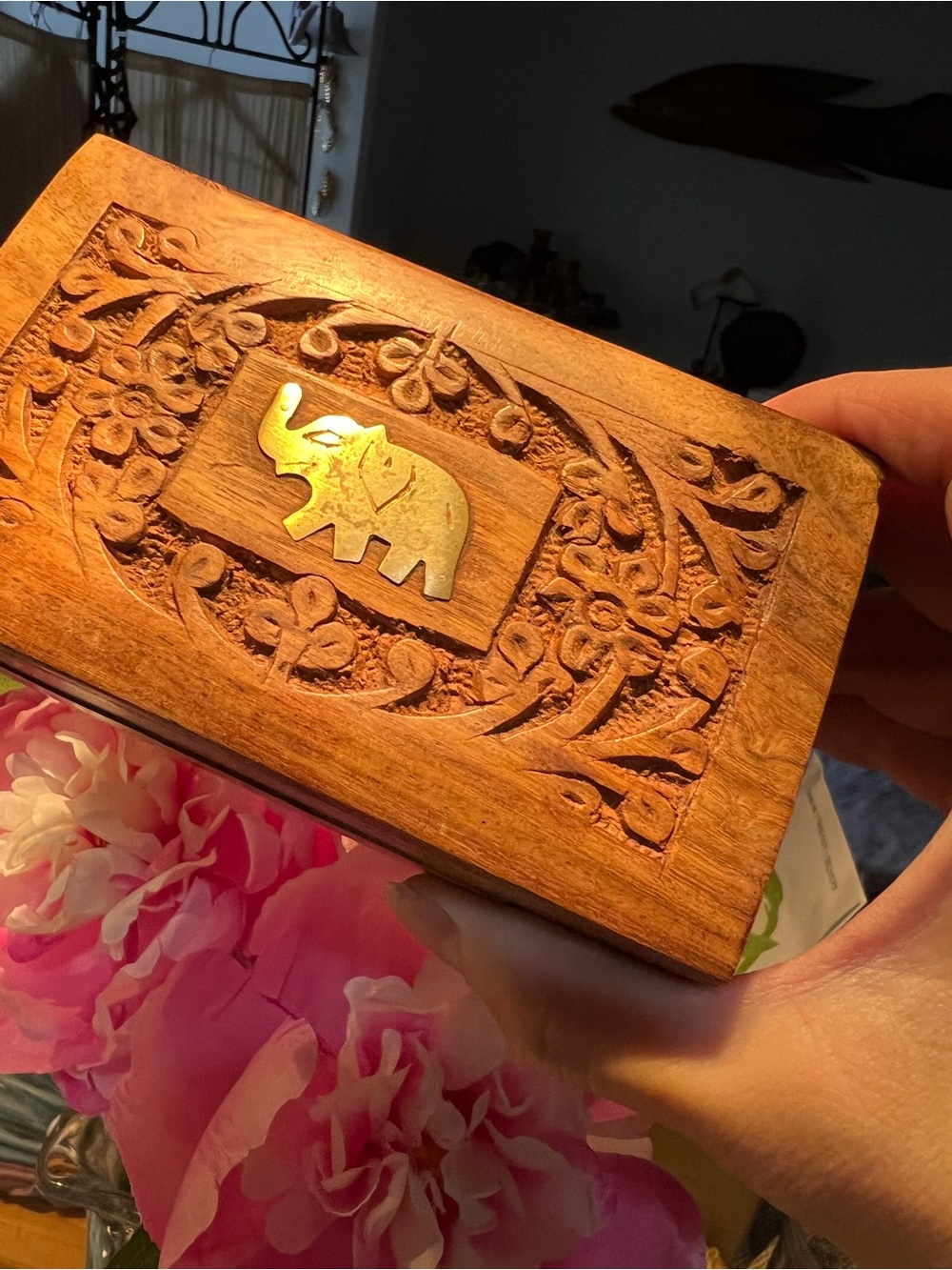 Hand-Carved Wooden Jewelry Box with Brass Elephant Accent like new